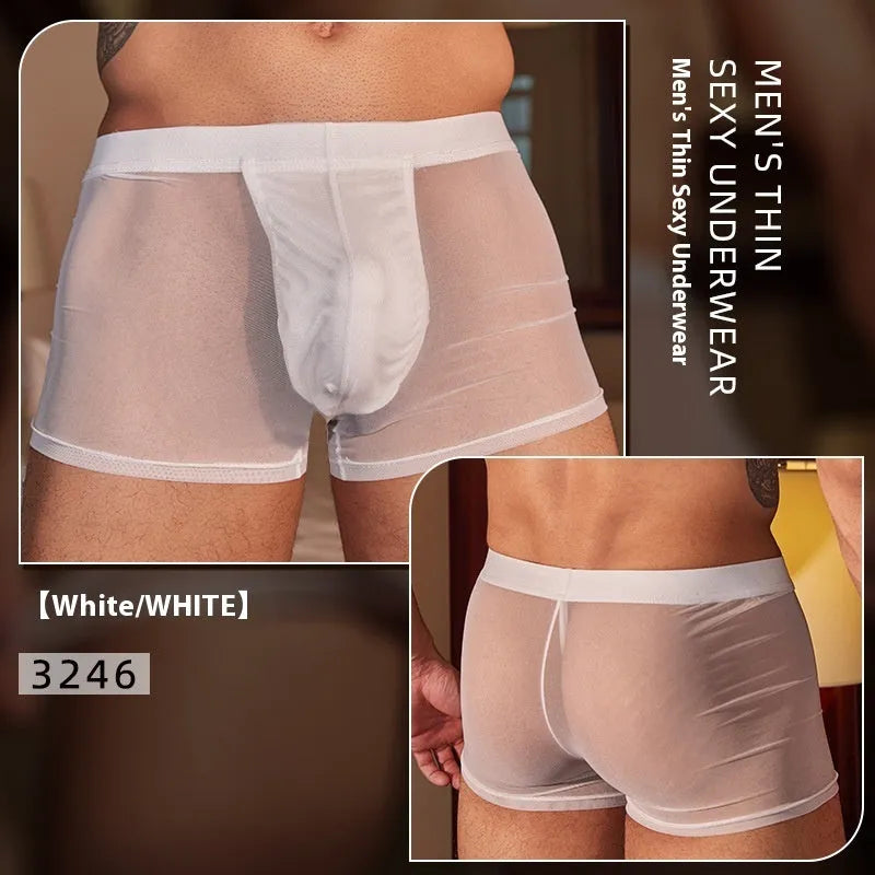 Men's black and white ultra-thin nylon boxer briefs showing front and back views
