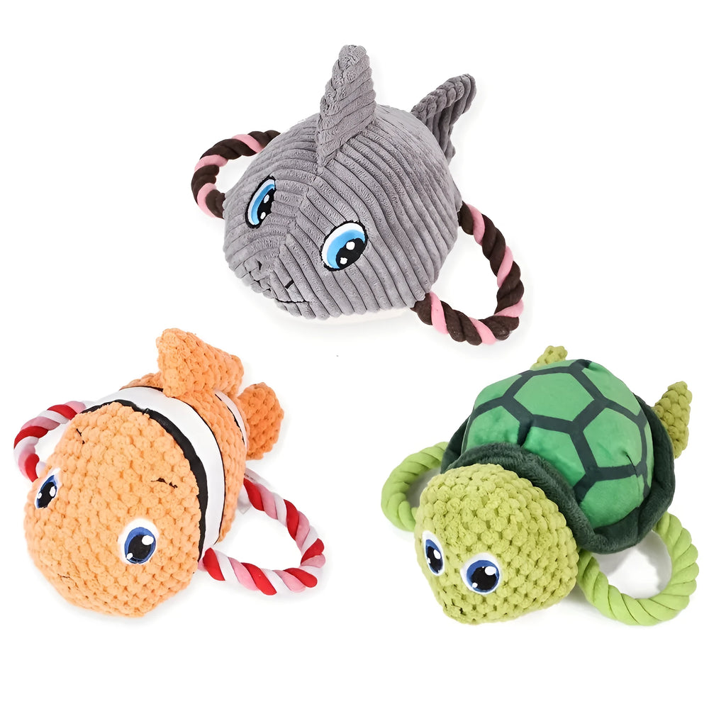 Turtle-shaped dog chewing toy with plush fabric and knotted rope in grey colour