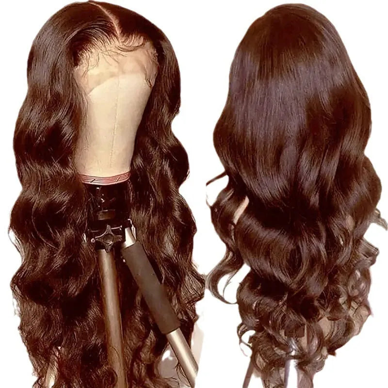 Women's dark brown long curly lace front wig with side bangs made from high temperature fiber