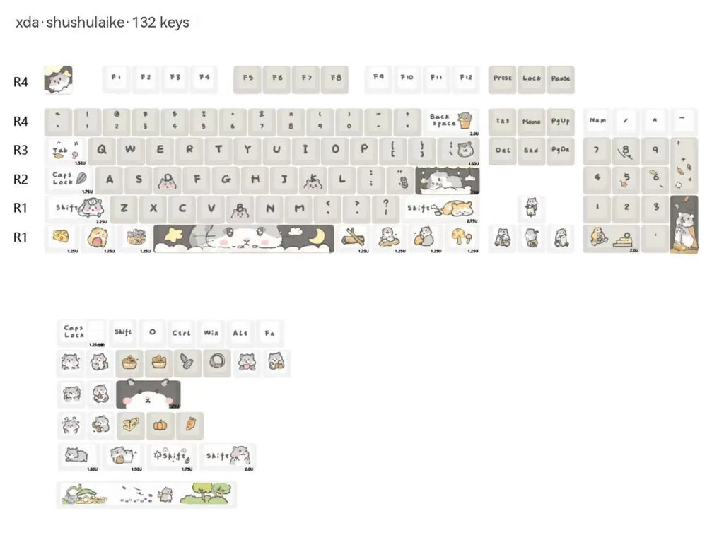 XDA profile mechanical keyboard keycaps in custard colour with mouse grey and yellow designs