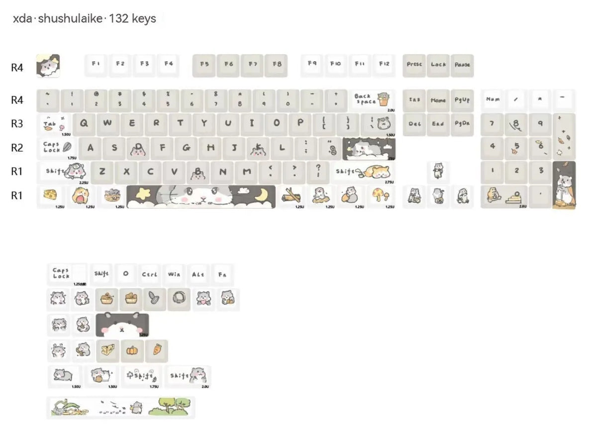 XDA profile mechanical keyboard keycaps in custard colour with mouse grey and yellow designs