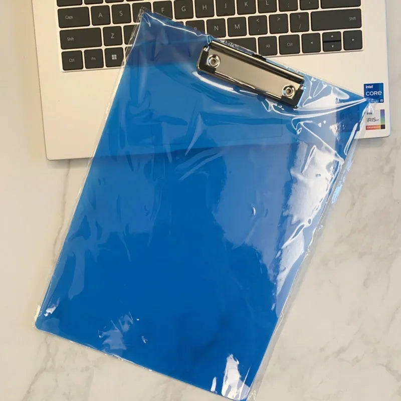 Transparent A4 plate writing board pad with a silver metal flat clip, shown in a blue colour option.