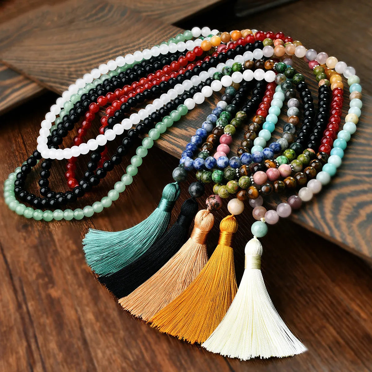 Long natural stone tassel necklace with 108 beads and mixed gem pendant
