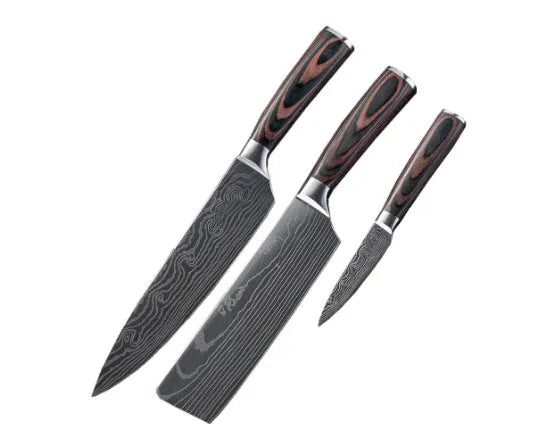 Chef knife with laser Damascus pattern on 7CR17 steel blade and colour steel handle.