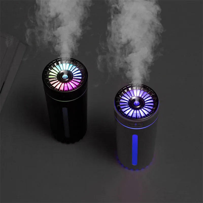 Black wireless air humidifier with colourful LED lights on a car cup holder