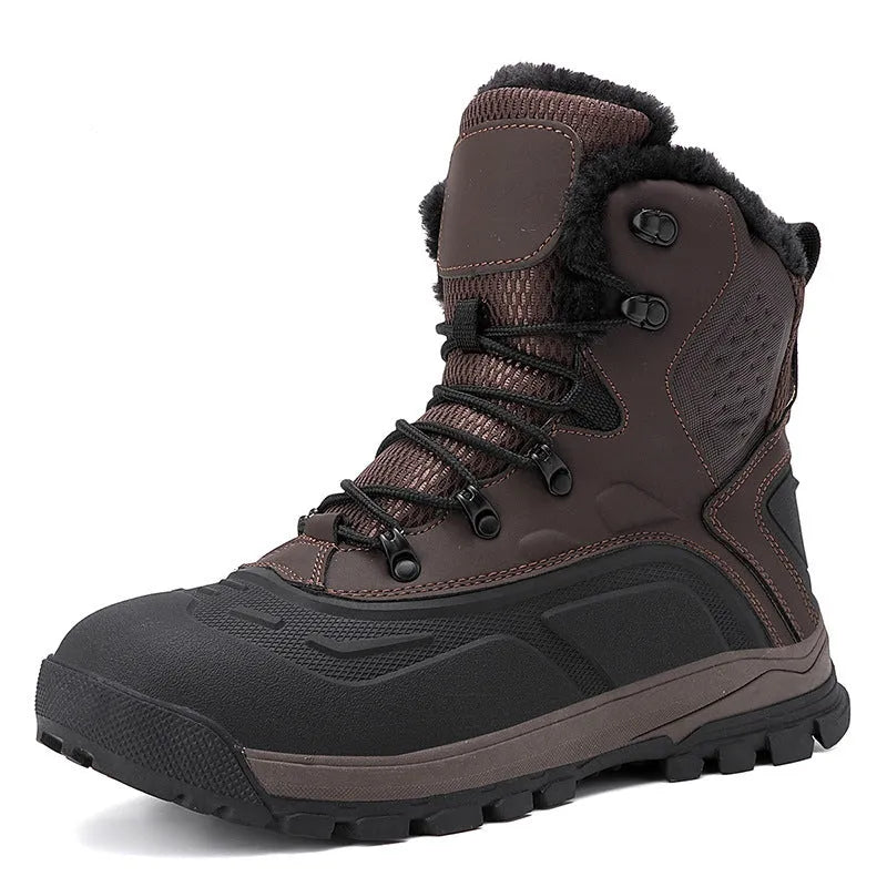 Men's black high-top lace-up boots with fleece lining, flat heel, and ribbed sole.