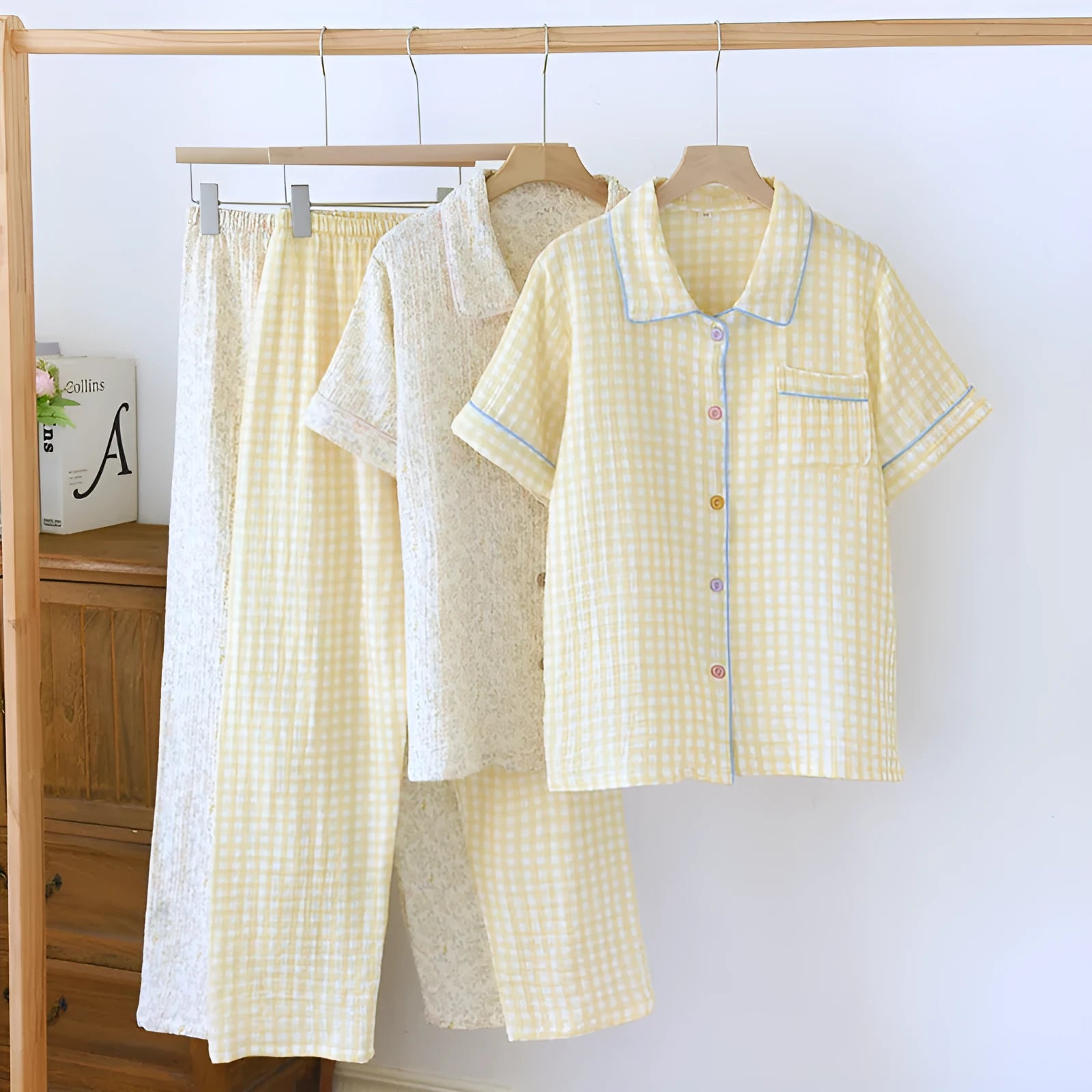 Women's washed cotton double-layer gauze short-sleeved trousers set in a loose, casual style.
