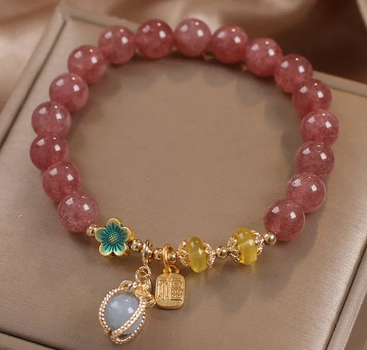 Red strawberry quartz beaded bracelet with alloy metal and rhinestone detailing for women's jewellery