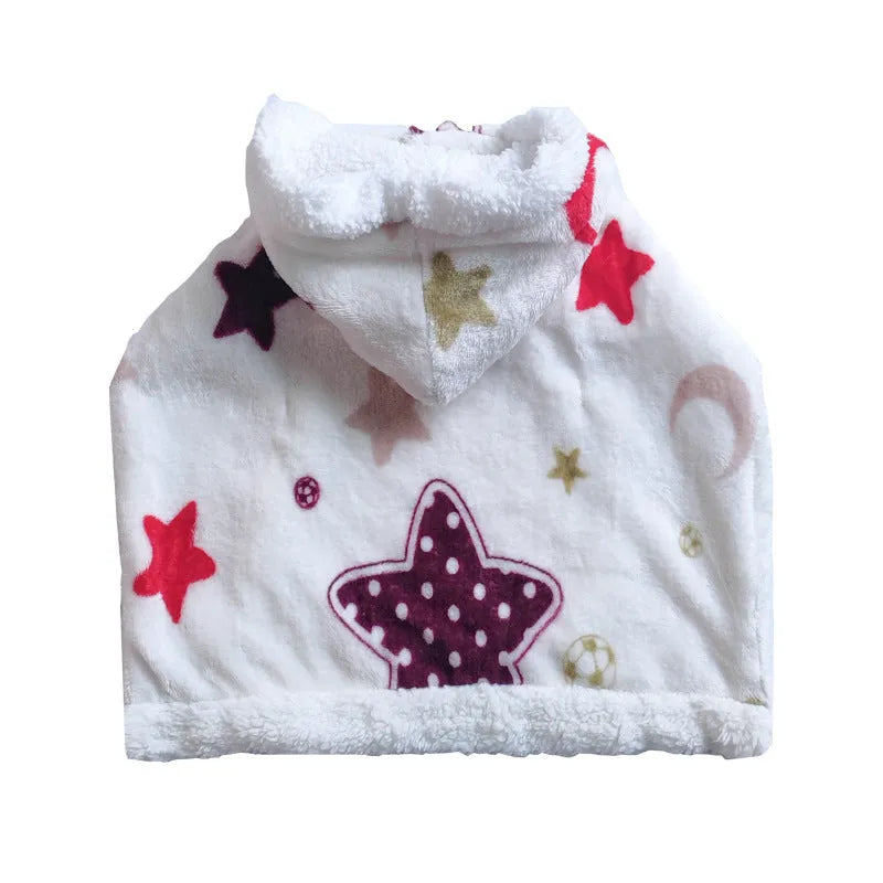 White coral fleece pet cloak pajamas with XINGX and Moon print, sizes M and L