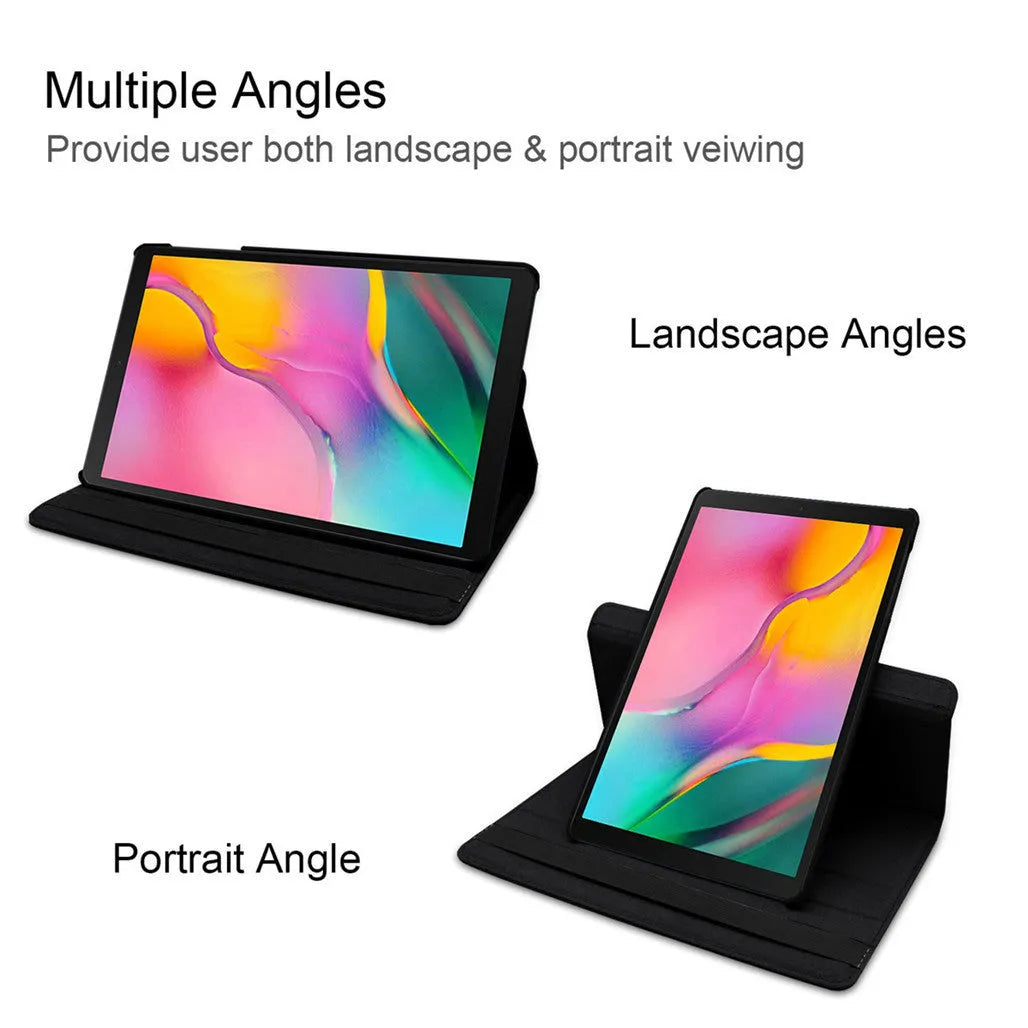 iPad rotating protective sleeve in imitation leather, showing clamshell design in solid colour options like black, blue, or pink.