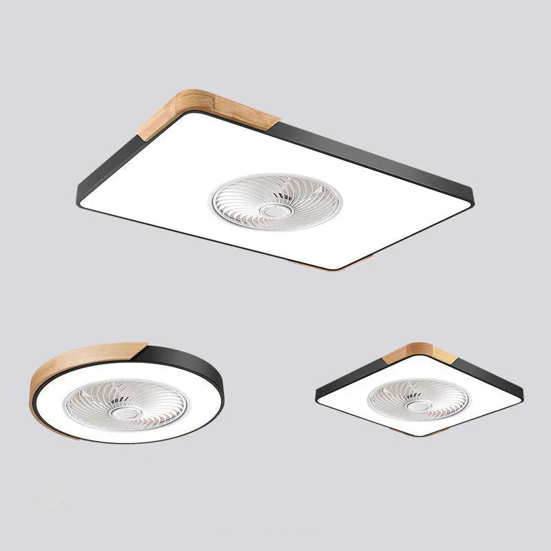 Nordic ceiling fan light with solid wood frame and white PVC lampshade, shown in rectangular, round, and square shapes.