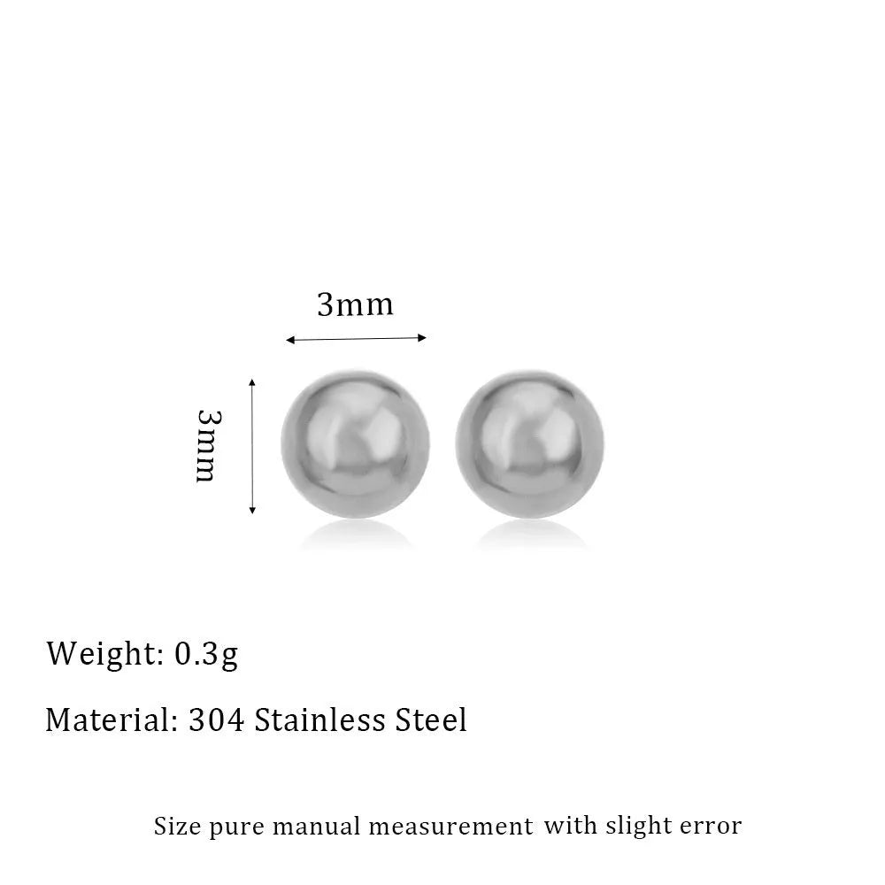 Minimalist 18K gold plated titanium steel ball stud earrings in 3mm, 4mm, 5mm, and 6mm sizes for women.