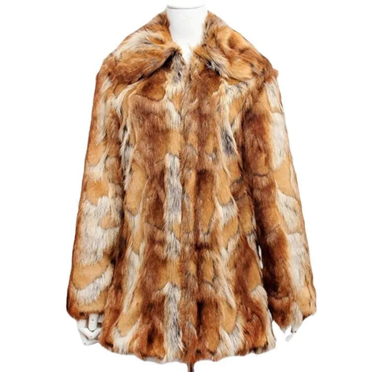 Women's medium length faux fur jacket with tiger print pattern and regular long sleeves in street fashion style