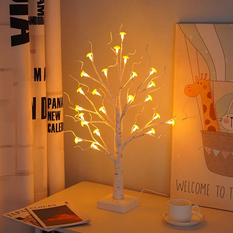 60 cm tall white mushroom tree lamp with warm LED lights and 24 small removable mushroom flowers