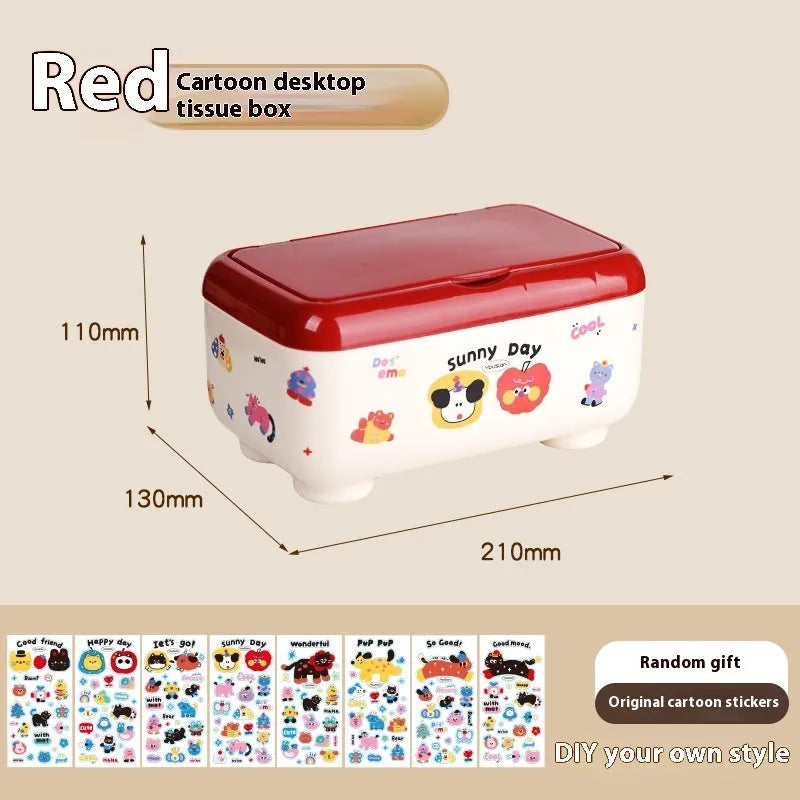 Cartoon-style plastic desktop organiser with grid compartments and labelling stickers for stationery storage