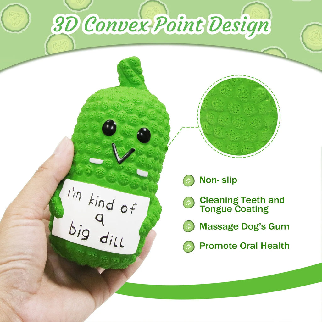 Green latex pickle-shaped dog squeaky toy with textured nubs for teeth cleaning.