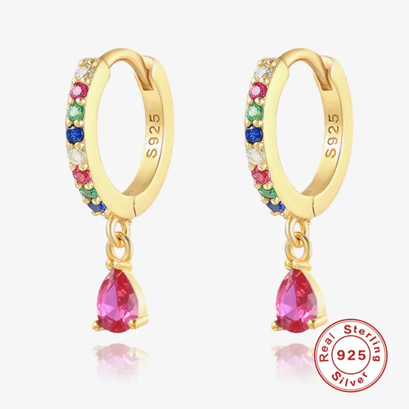 Sterling Silver water drop earrings with geometric shape and crystal diamond stones in gold or silver tone