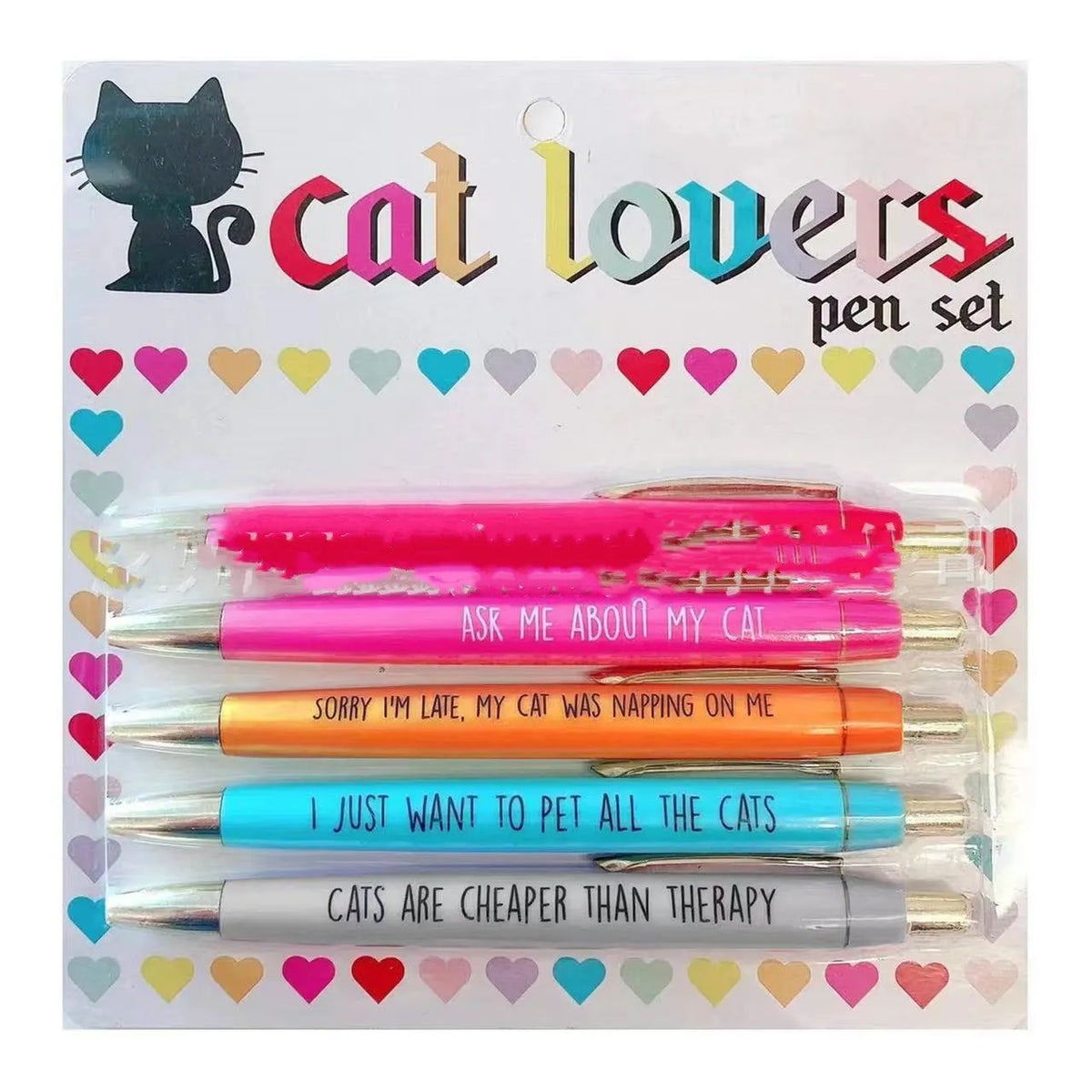 Set of five push-action automatic pens with cat and dog designs in a beaded storage bag.