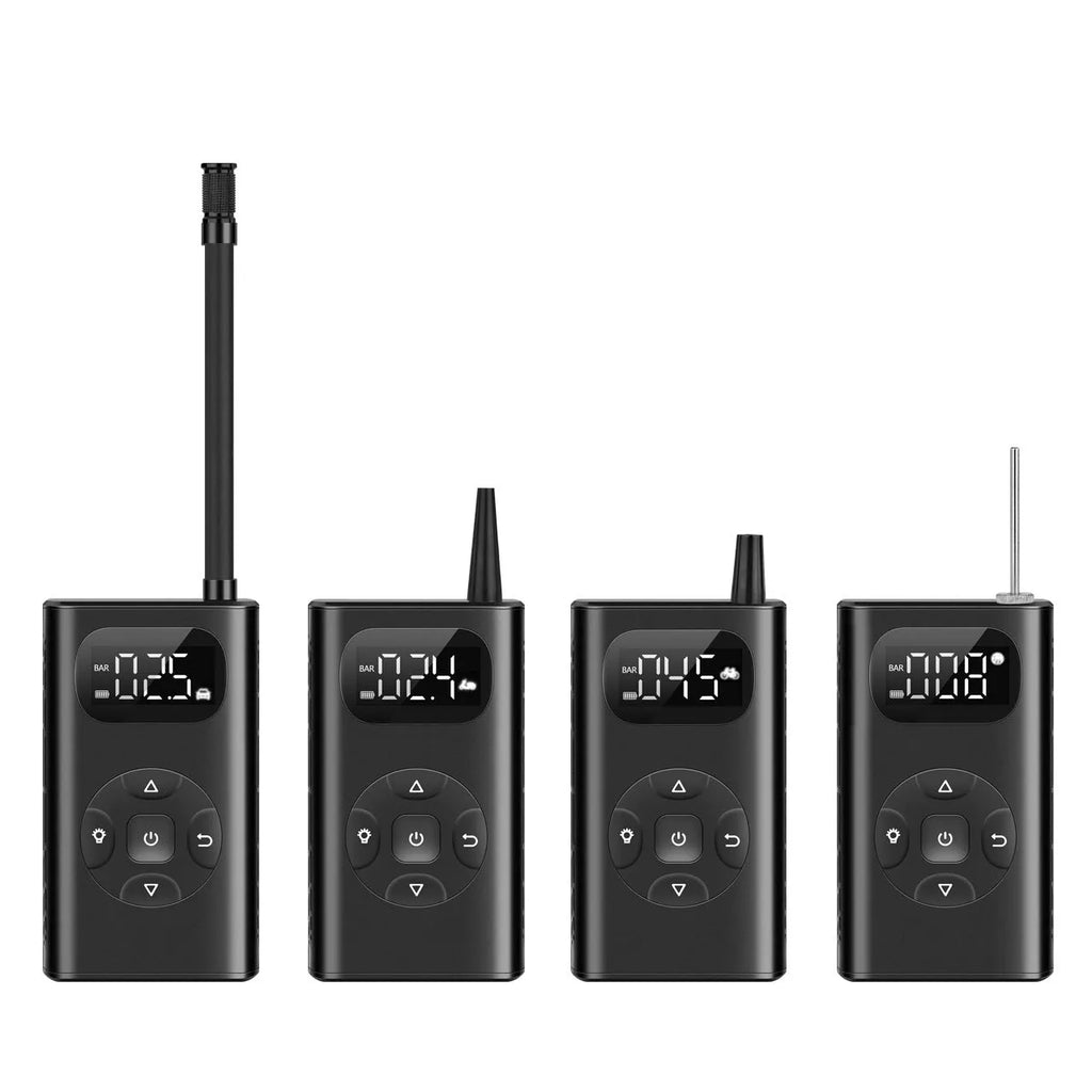 Black cuboid electric air compressor power bank with USB port and 16cm tube for car and motorcycle tyres