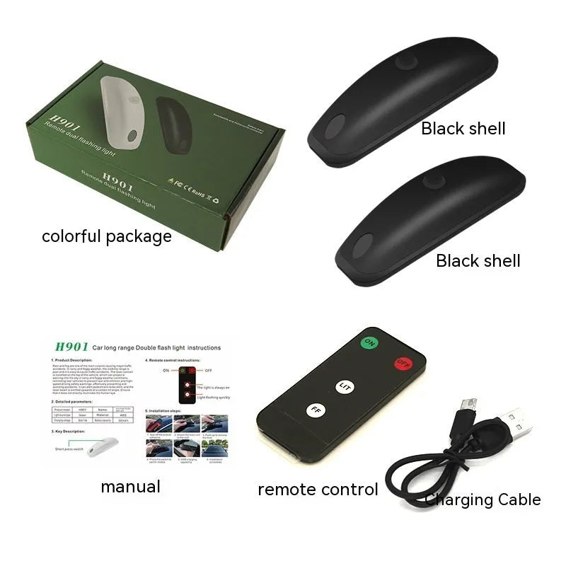 Compact car strobe warning light with remote control on black background