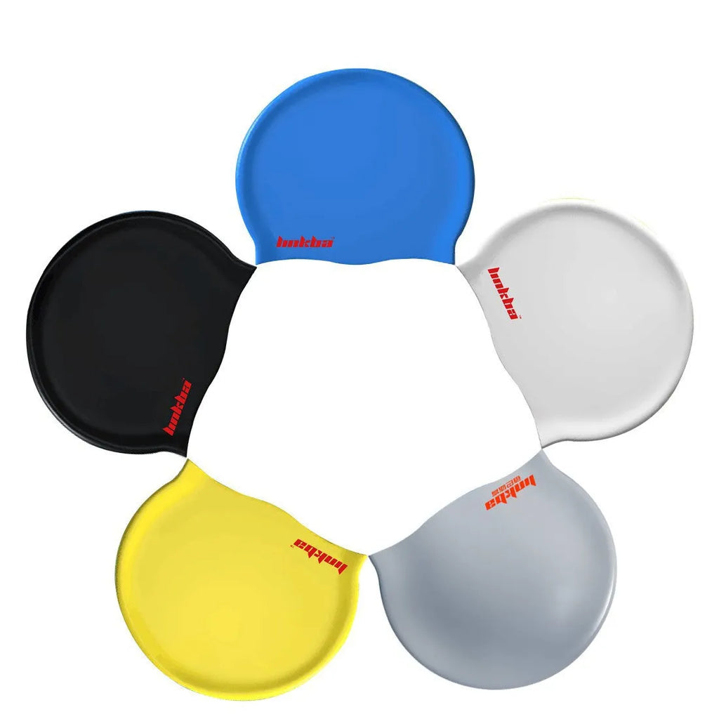 Silicone swimming cap with earmuff design and letter pattern in multiple colour options