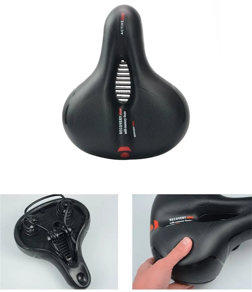 Thick soft silicone bicycle saddle with steel springs, PU leather cover, waterproof cover, wrench, and tyre patch kit.