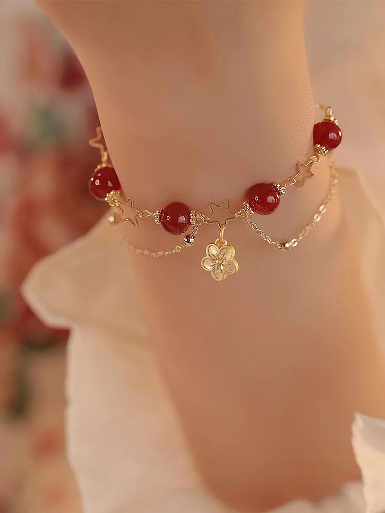 Red agate double layer bracelet with floral and peach blossom decorative elements for women's ethnic jewellery