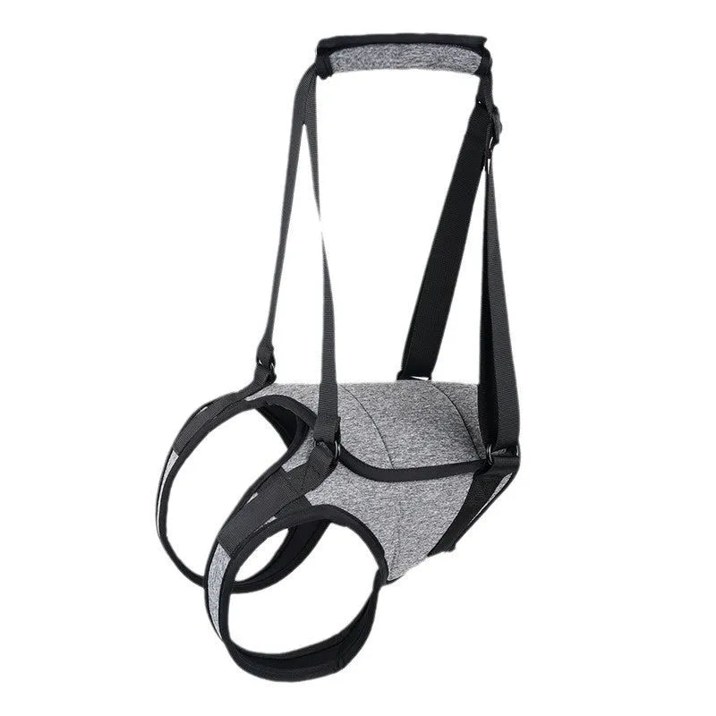 Grey neoprene dog recovery belt for injured rear legs, showing adjustable waist and thigh straps.