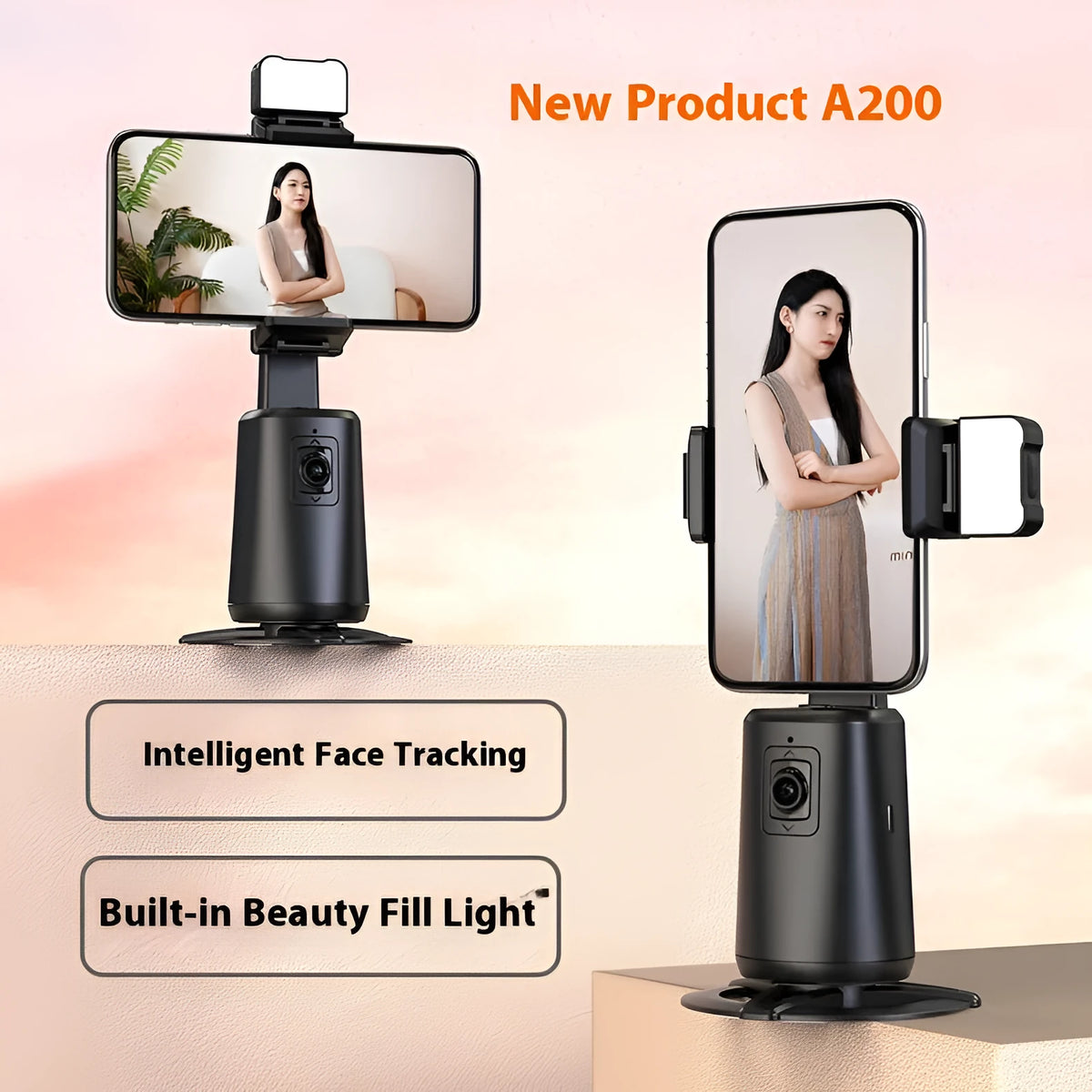 Black desktop phone bracket with ribbon lights and remote control for face tracking adjustment