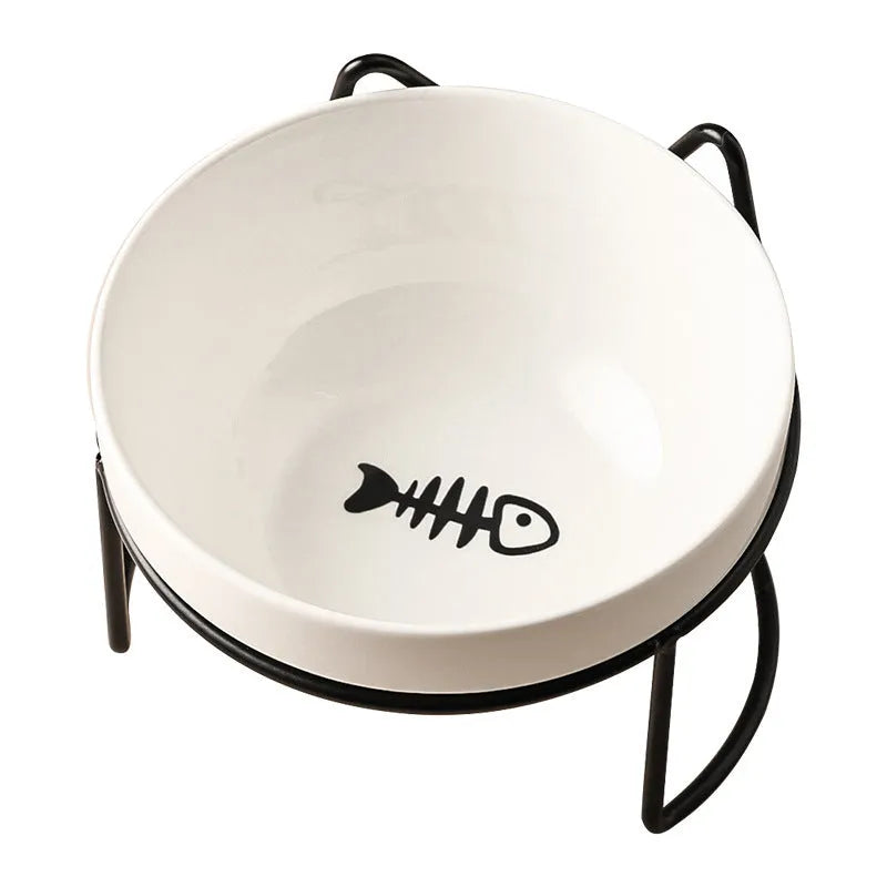 White ceramic pet bowl with cat footprints pattern in black iron cat ear frame