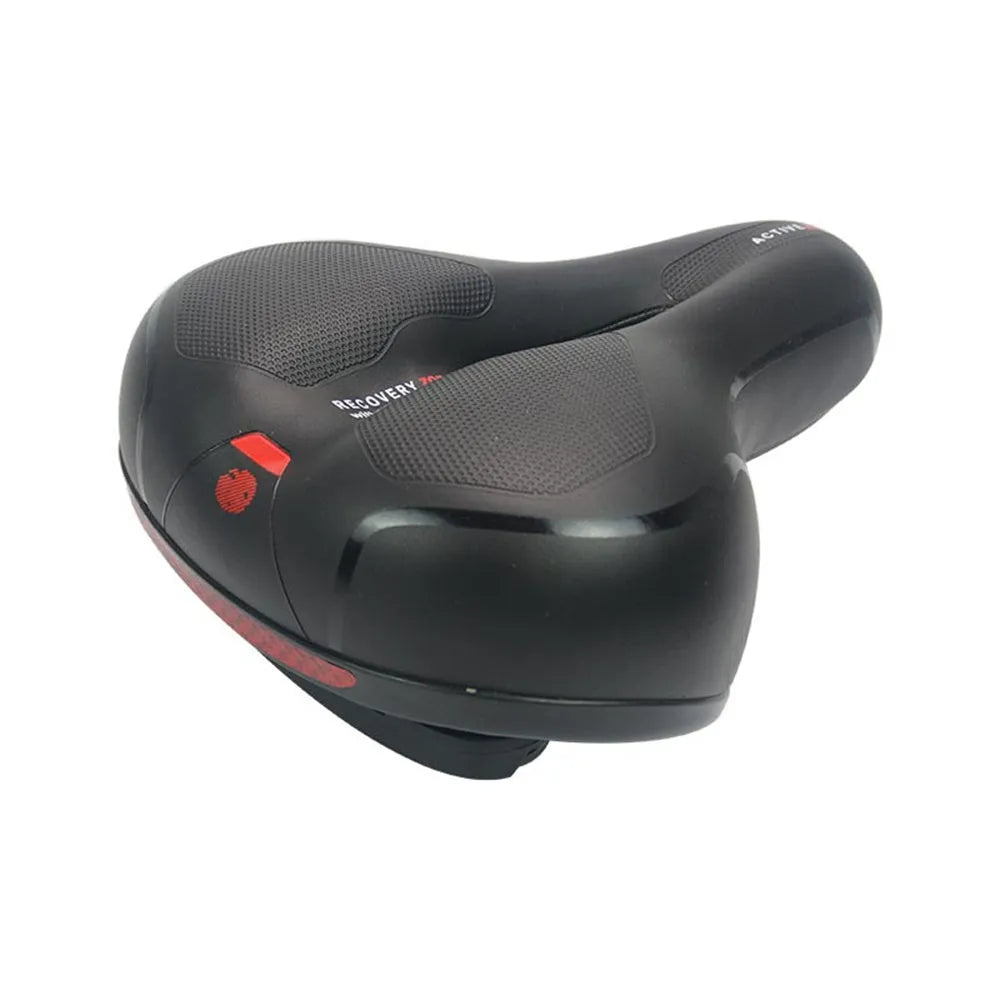 Thick soft silicone bicycle saddle with steel springs, PU leather cover, waterproof cover, wrench, and tyre patch kit.