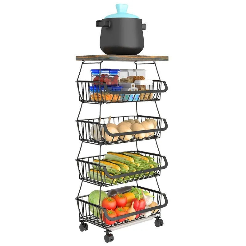 Black freestanding kitchen storage trolley with six shelves