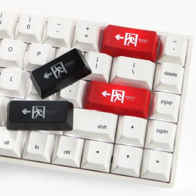 Transparent mechanical keyboard keycap with safety evacuation exit icon in red or black