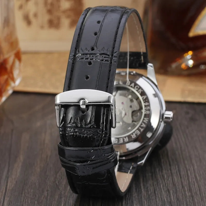 Automatic mechanical watch with calendar, 41.5mm alloy case, ordinary glass mirror, genuine leather strap, white or black belt or black steel belt