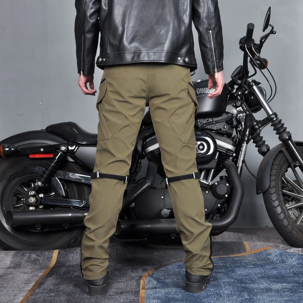 Men's solid color waterproof motorcycle cycling pants with protective gear and belt in black or green