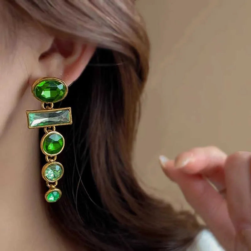 Geometric green gradient alloy earrings with zircon inlays and decorative tassels