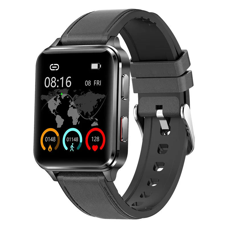 Blue multi-sport smart watch with 1.7-inch tempered glass screen and silicone wristband on wrist