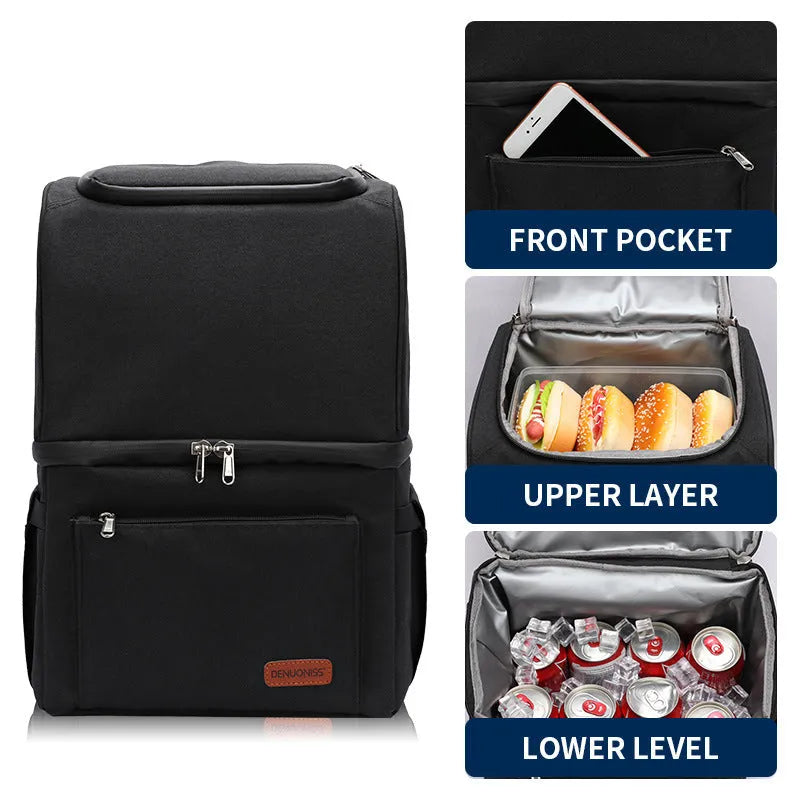 Blue insulated waterproof picnic backpack with double-layer construction and ice pack compartment