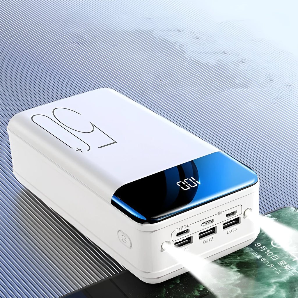 Black or white 50000 mAh power bank with three output ports measuring 169 x 83 x 52 mm