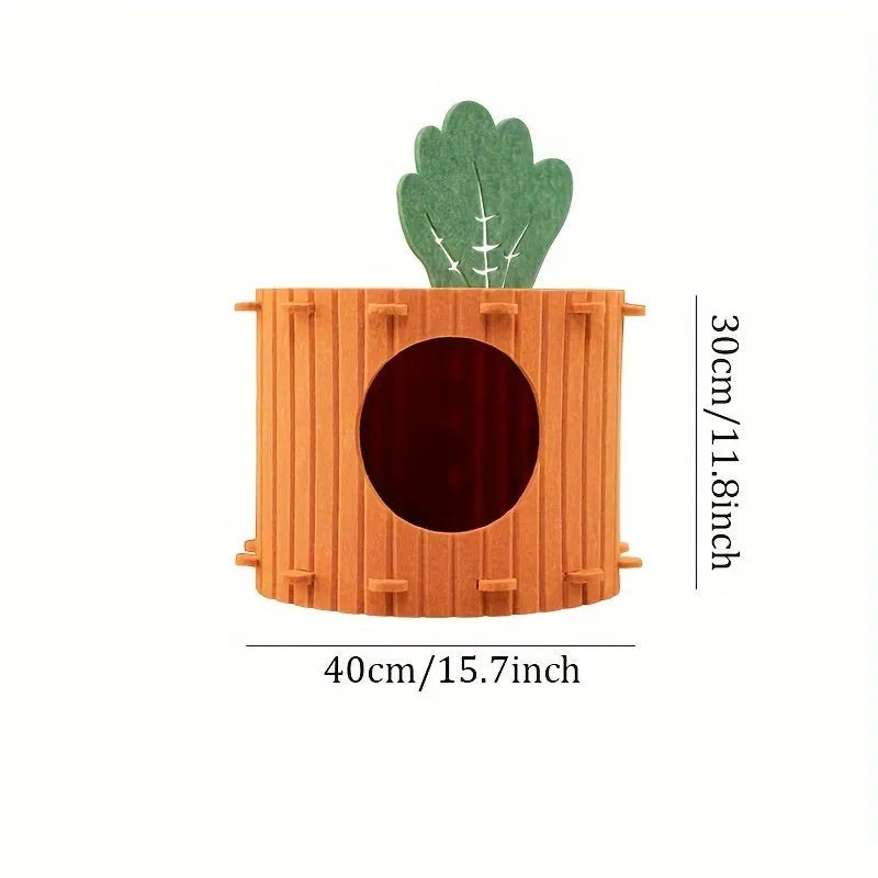 Carrot-shaped grey felt cat tunnel nest, semi-enclosed with drilled openings, shown in two sizes.