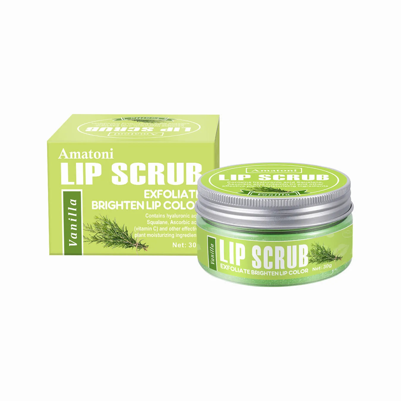 Amatoni 30g pot of fruit flavour lip scrub cream for exfoliating and moisturising lips.
