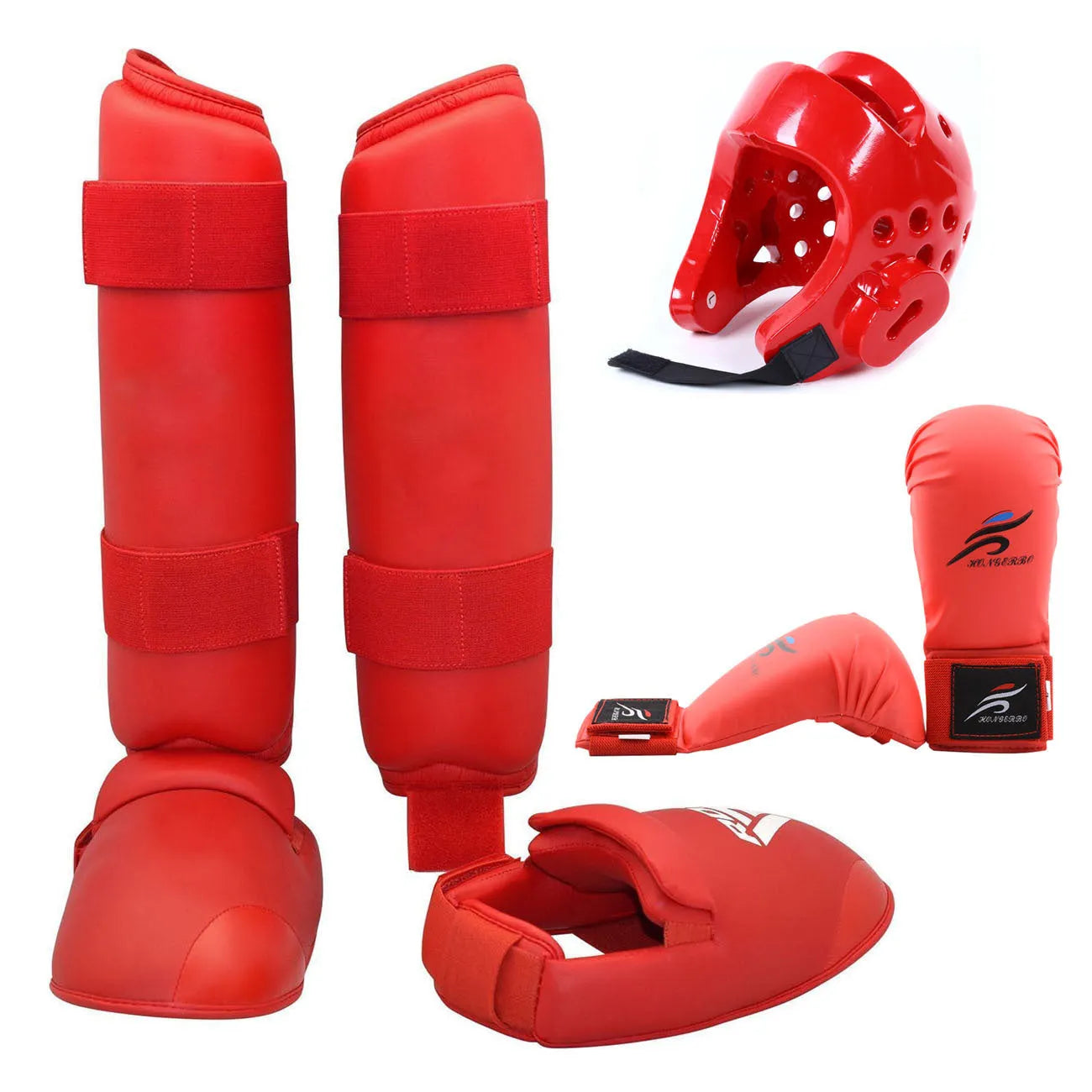 Red and blue karate protective gear set with helmet and leg guards for martial arts training