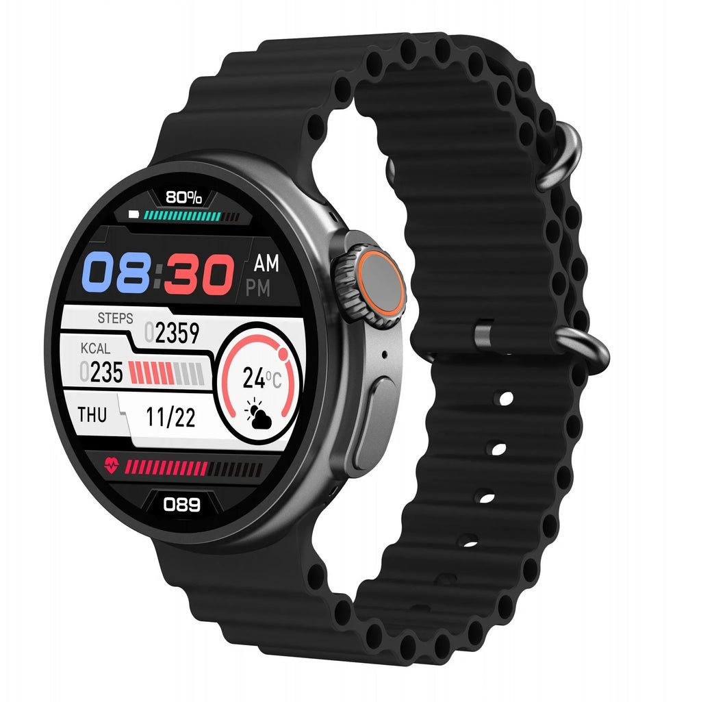 K9 smart watch with round screen on silicone strap showing health metrics and NFC payment function