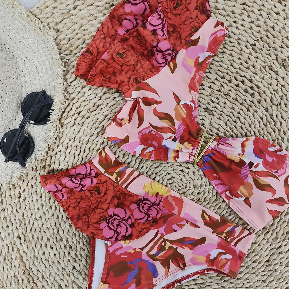 Pink and red floral print one-shoulder ruffled bikini top with high-waisted swimsuit briefs