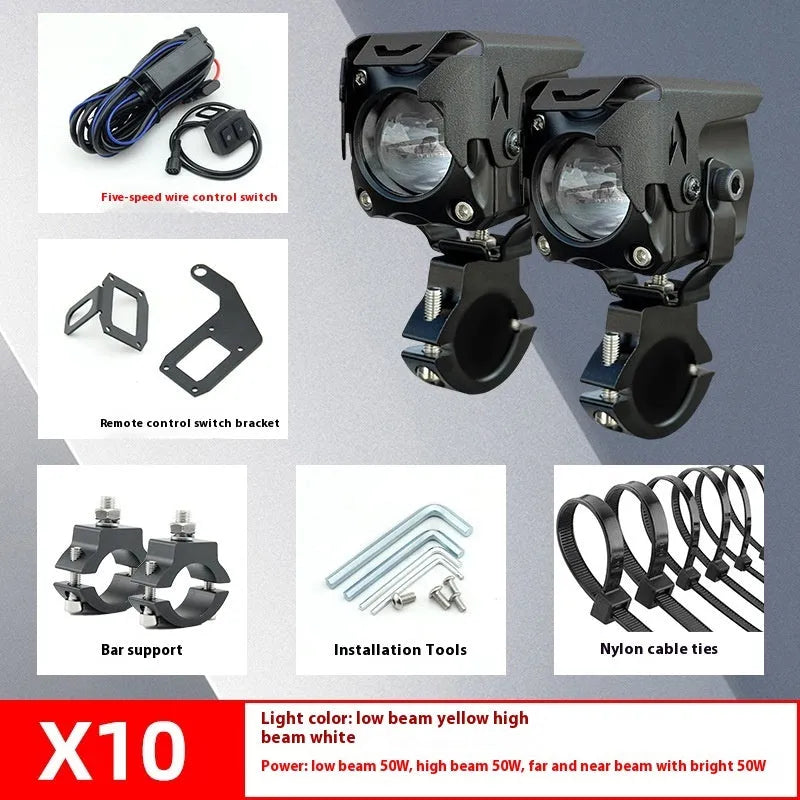 Motorcycle LED spotlight kit showing lights, wireless remote switch, mounting brackets, and wiring components