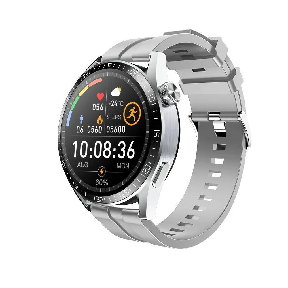GS3 Max black smartwatch on wrist showing health stats on its 1.35-inch IPS screen with silicone strap.