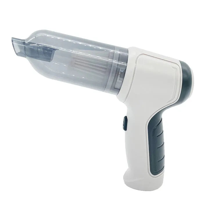 Wireless handheld car vacuum cleaner in gold or silver colour with dust bucket.