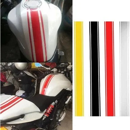 Motorcycle gas tank lid reflective pinstripe sticker measuring 50 by 4.5 cm in black, red, silver, yellow colours