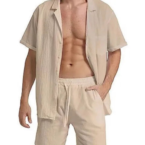 Men's flax linen short-sleeve top and shorts sports suit set on a hanger, shown in army green colour.