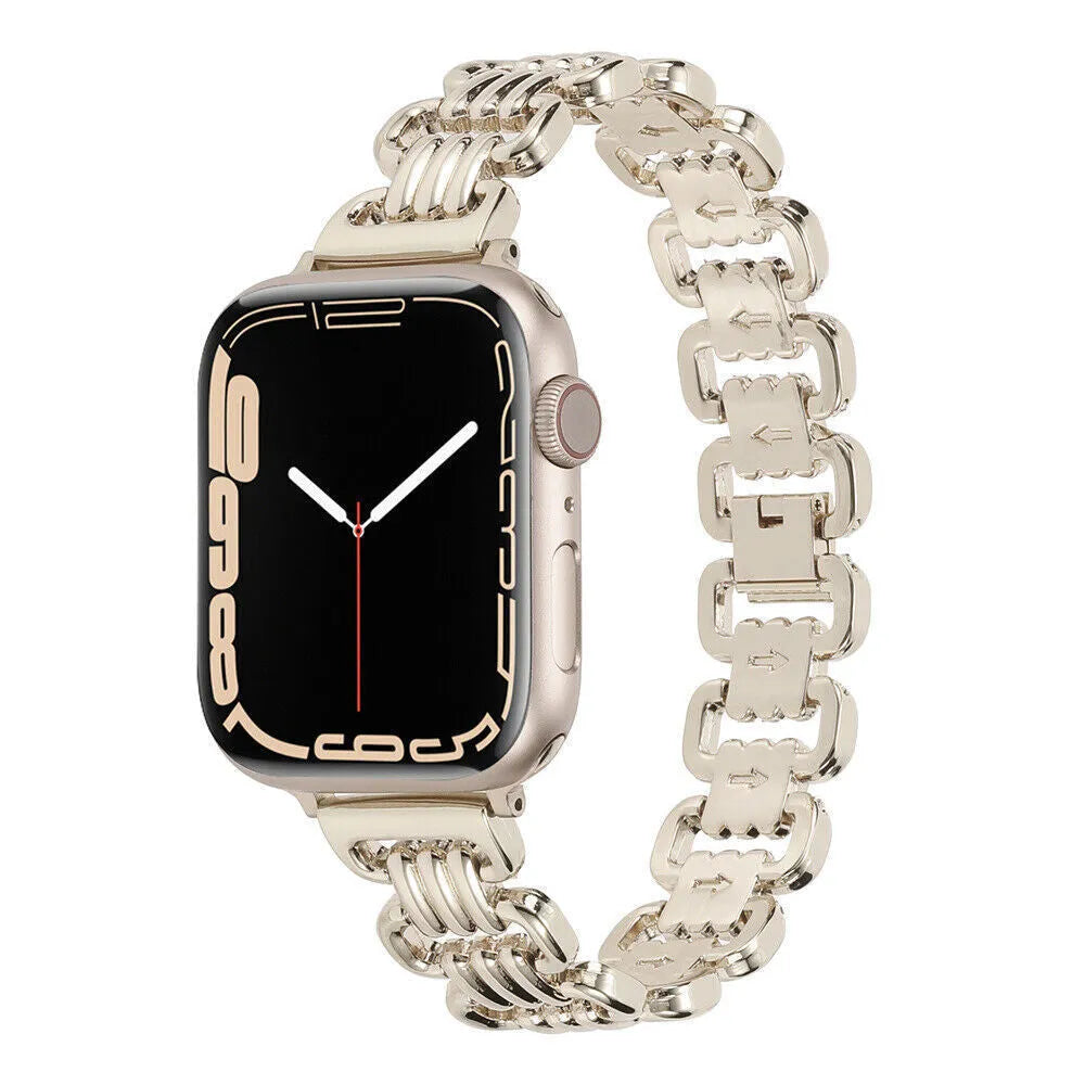 Silver alloy metal replacement bracelet for an Apple Watch, shown alongside black, gold, rose gold, and Starlight colour options.